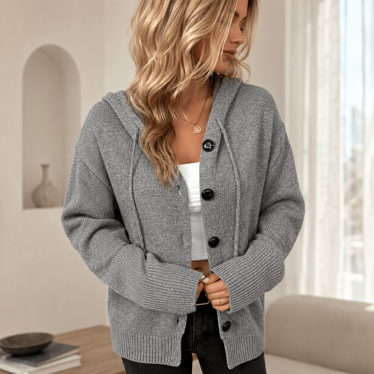 Karalina - Cárdigan Con Capucha y Botones Delanteros De Punto Trenzado