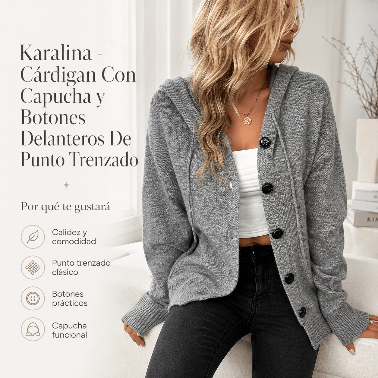 Karalina - Cárdigan Con Capucha y Botones Delanteros De Punto Trenzado