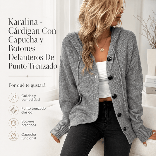 Karalina - Cárdigan Con Capucha y Botones Delanteros De Punto Trenzado