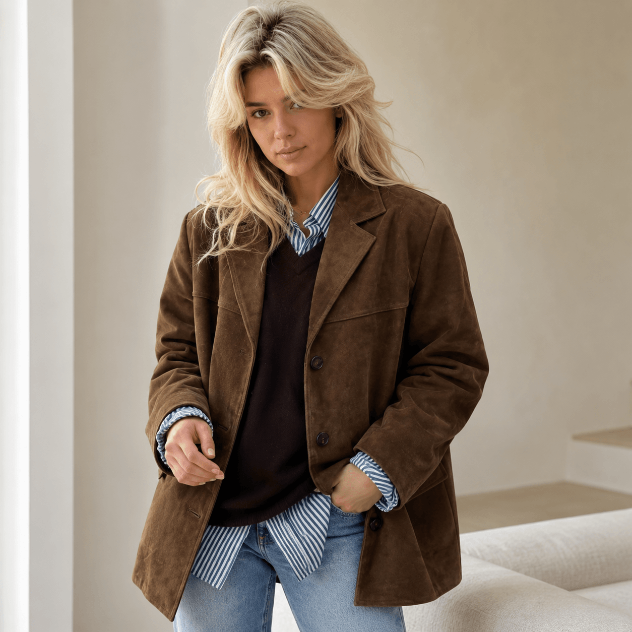 Ronia – Chaqueta Oversize De Ante Con Botones