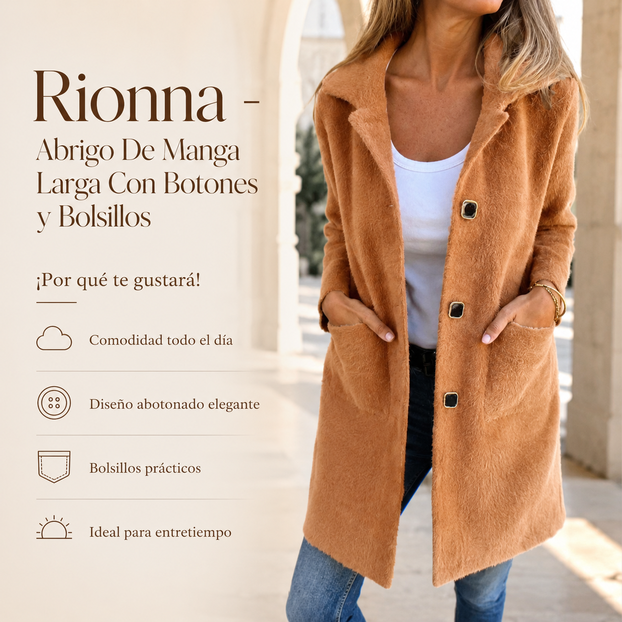 Rionna - Abrigo De Manga Larga Con Botones y Bolsillos