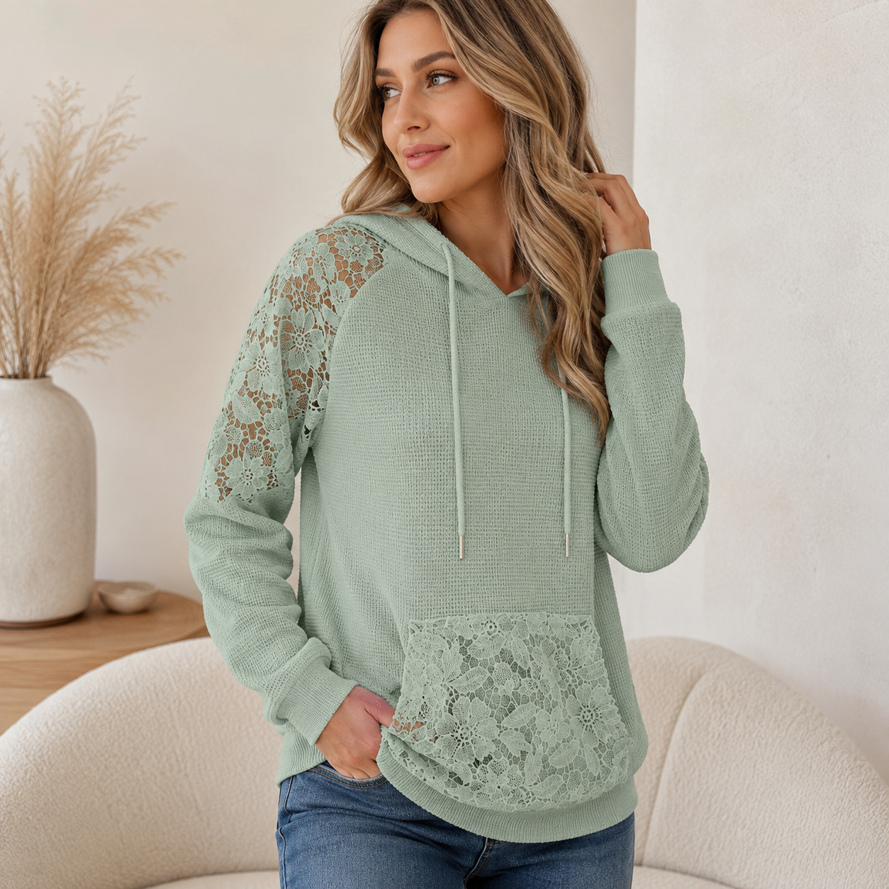 Laessa - Sudadera Con Capucha y Encaje Floral Con Bolsillo Delantero