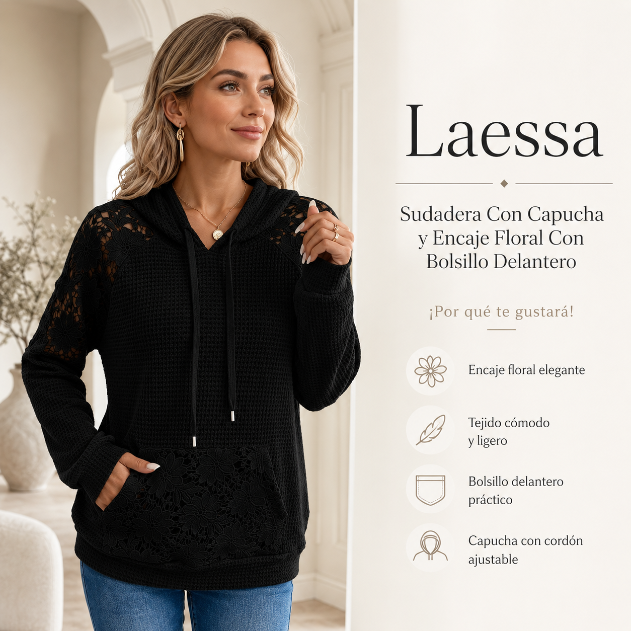 Laessa - Sudadera Con Capucha y Encaje Floral Con Bolsillo Delantero