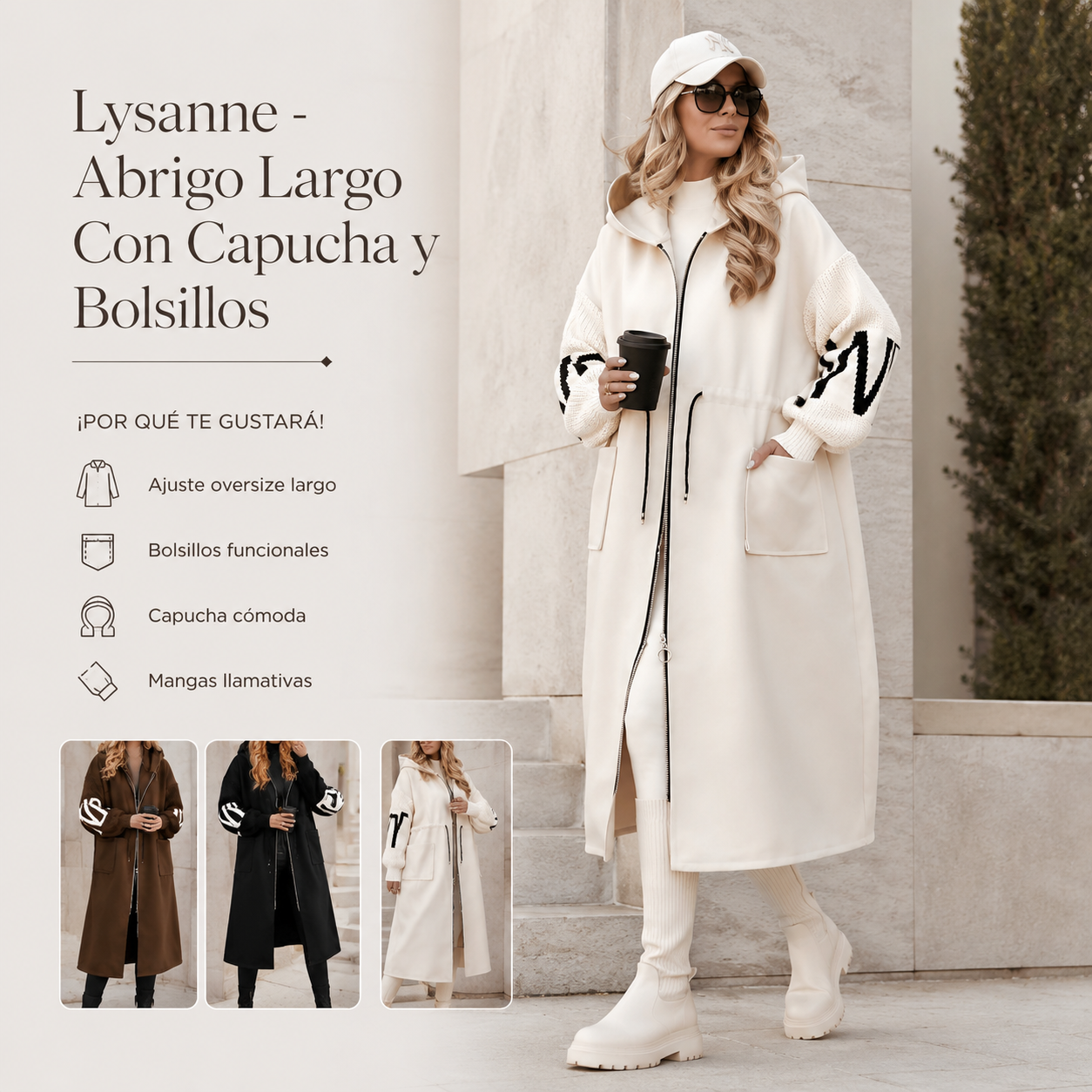 Lysanne - Abrigo Largo Con Capucha y Bolsillos