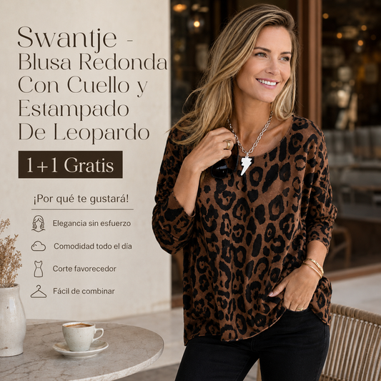 Swantje - Blusa Redonda Con Cuello y Estampado De Leopardo | 1+1 Gratis