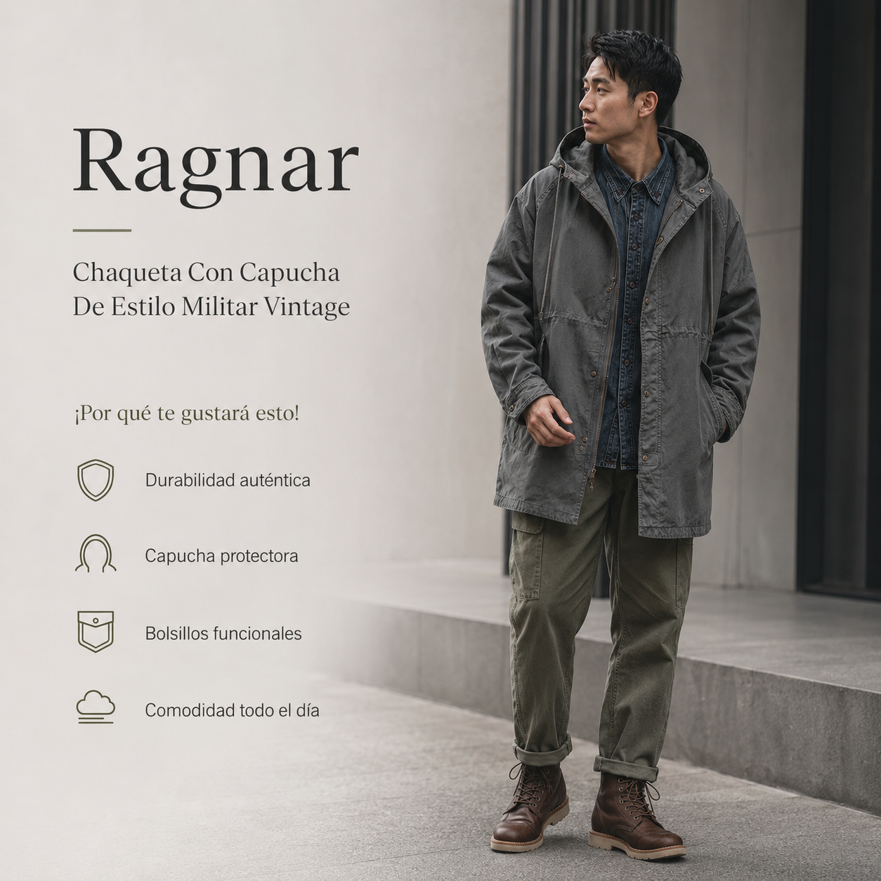 Ragnar - Chaqueta Con Capucha De Estilo Militar Vintage