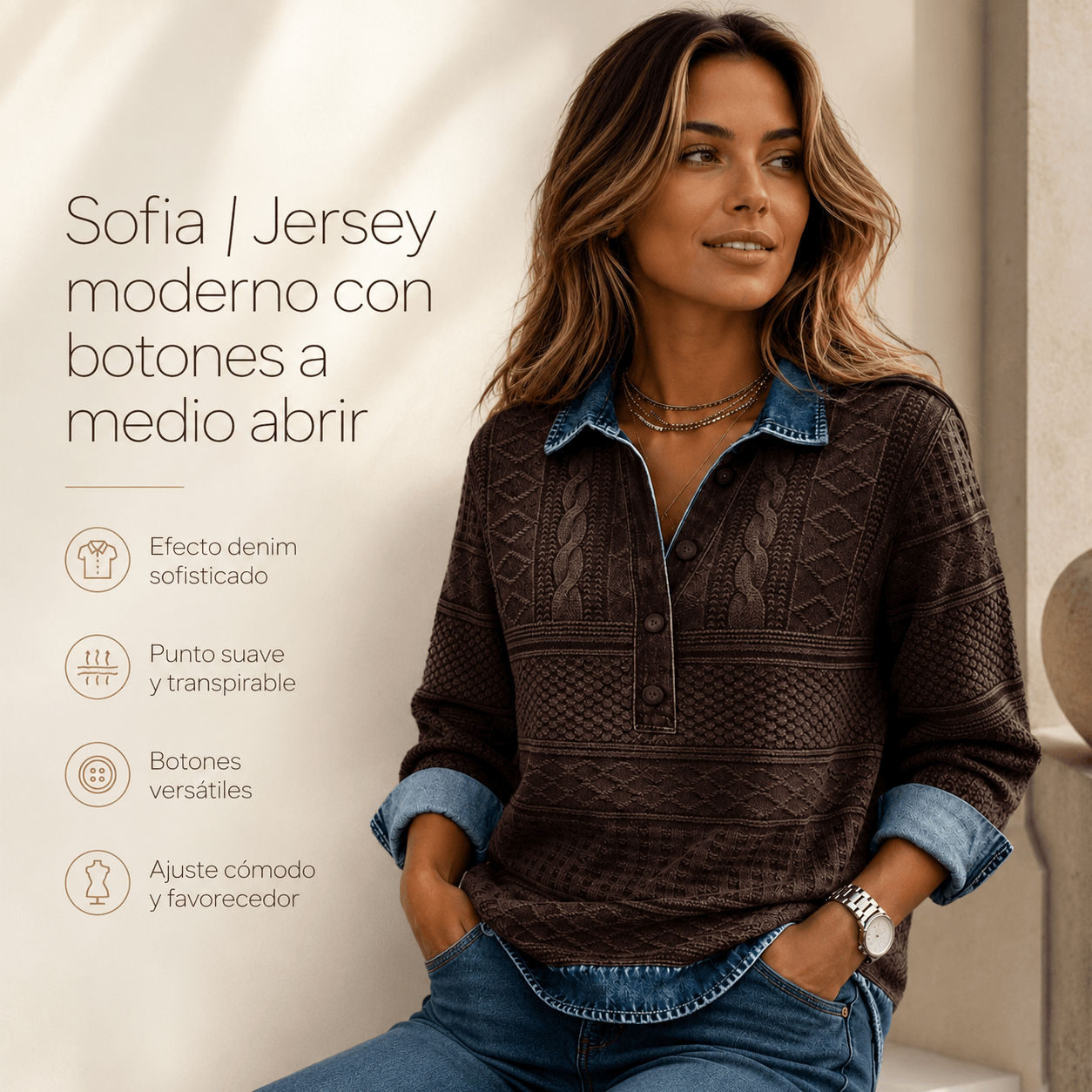 Sofia | Jersey moderno con botones a medio abrir