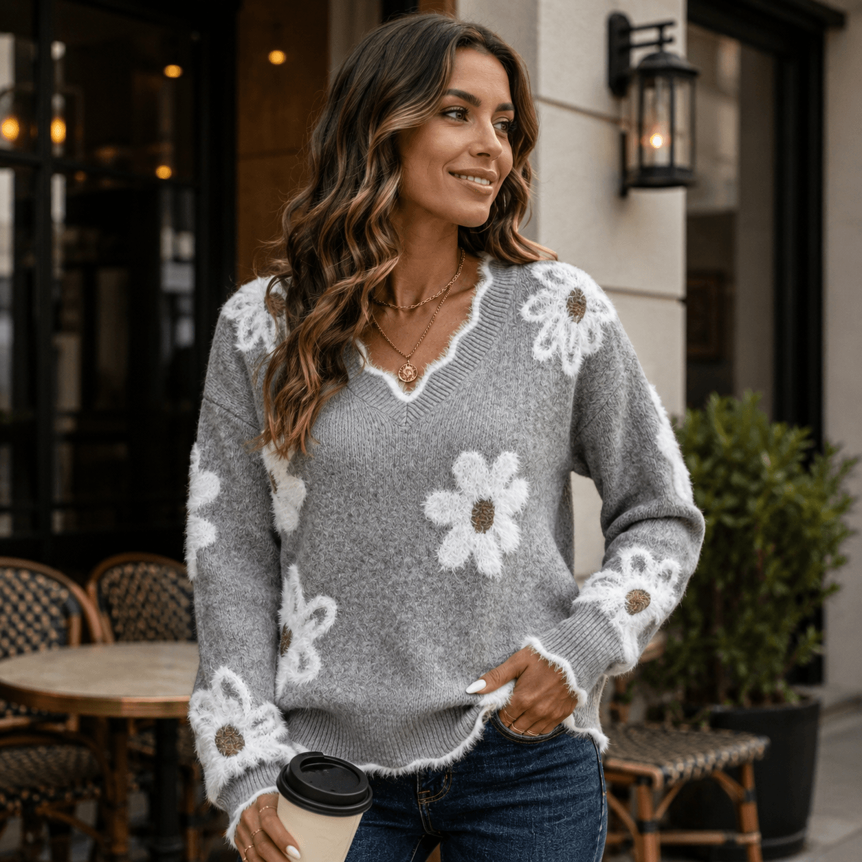 Floréa - Jersey floral con escote en V