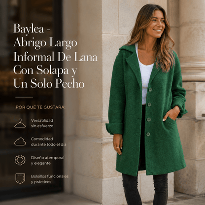 Baylea - Abrigo Largo Informal De Lana Con Solapa y Un Solo Pecho